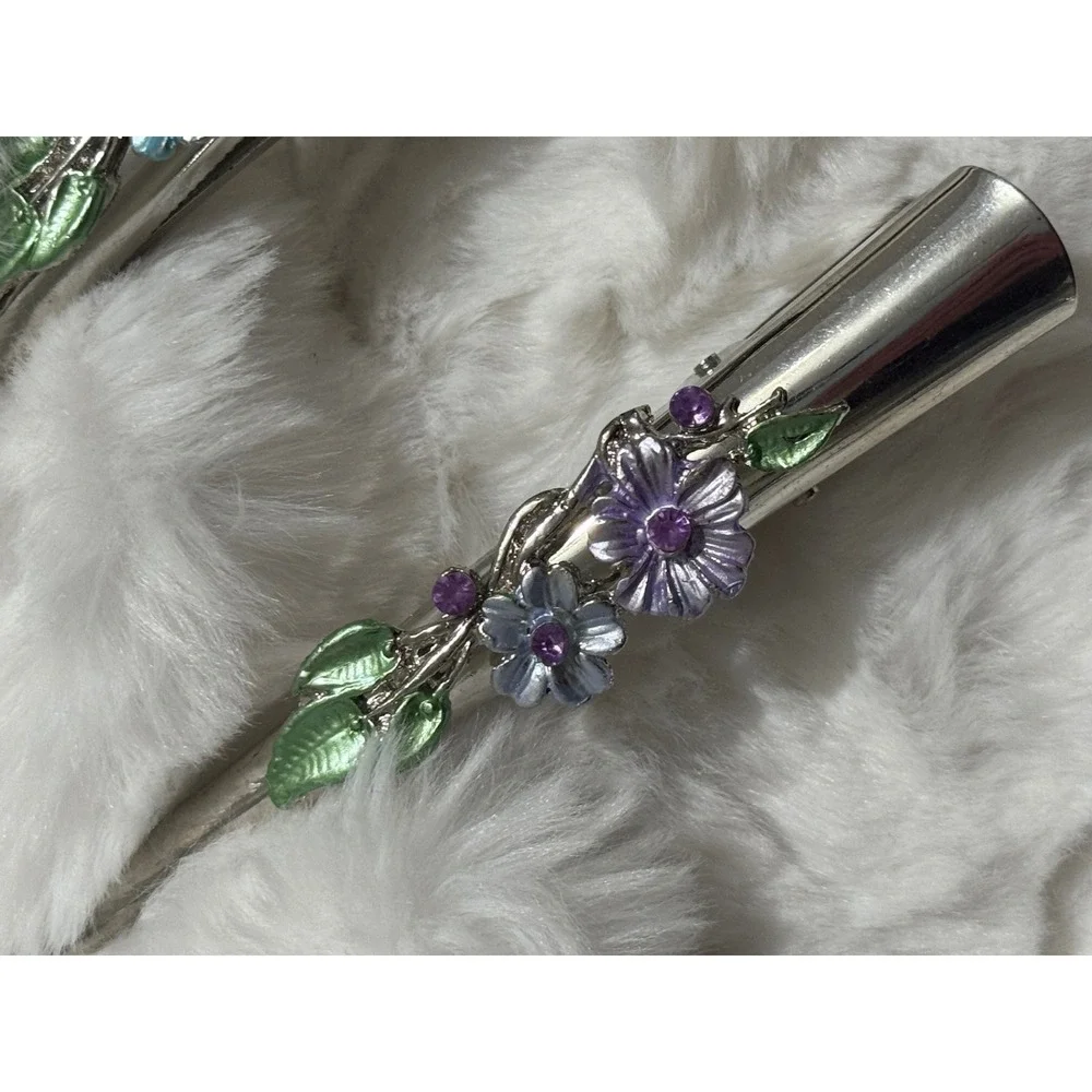 2 PC Set Floral Enamel‎ Alligator Hair Clips Rhinestone Blue Purple Silver Tone